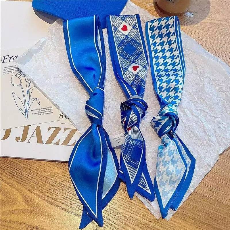 克莱因蓝色丝巾小领巾春夏新品棋盘格发带飘带围巾秋季装饰女绑发,淘宝优惠券,粉丝福利购,淘宝优惠卷