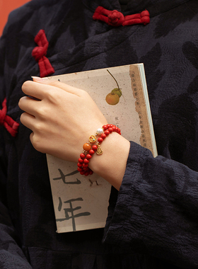 福一方女士保真朱砂双圈手链手串