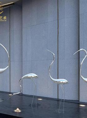 现货不锈钢仙鹤雕塑镜面草坪水池园林景观装饰抽象白鹭火烈鸟摆件