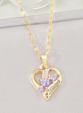 新款粉锆石IOVE爱心项链女 钛钢不掉色简约时尚百搭吊坠 网红配饰