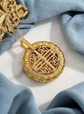 沙金凤凰吊坠黄铜古法挂坠国风双开门见喜圆镂空设计女项链毛衣链