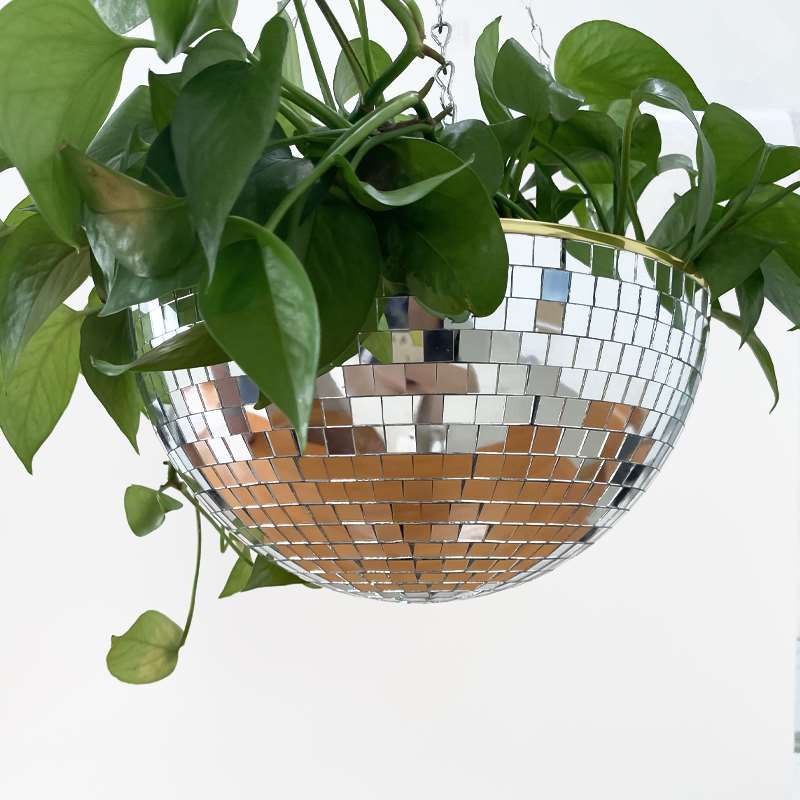 Retro Disco Ball Planter Basket Round Mirror Hanging Pot flo-图3