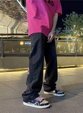 High Set Print Black Jeans Men's Y2K Straight-leg Pants