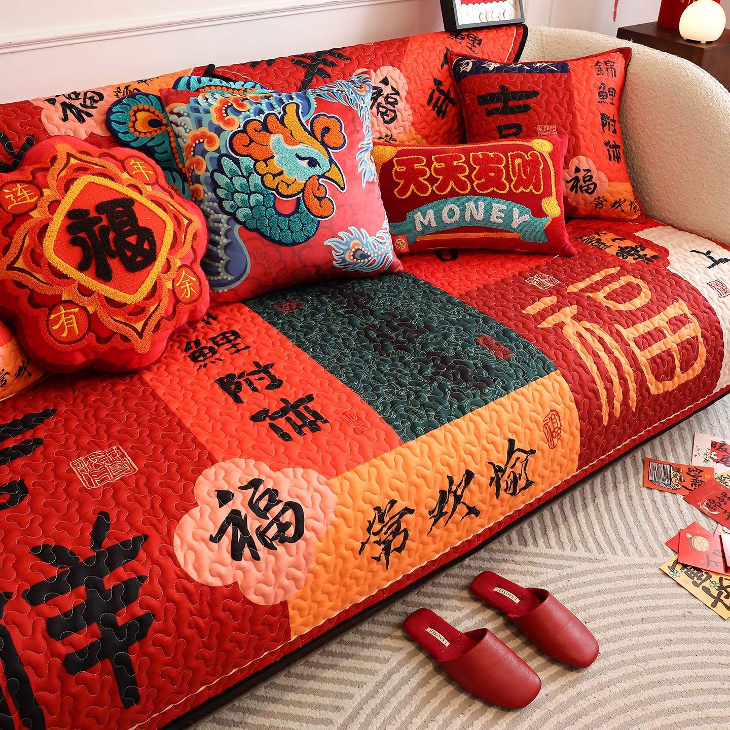 枕西湖红色沙发垫新年喜庆春节沙发套罩四季防滑客厅布置高档盖布,淘宝优惠券,粉丝福利购,淘宝优惠卷