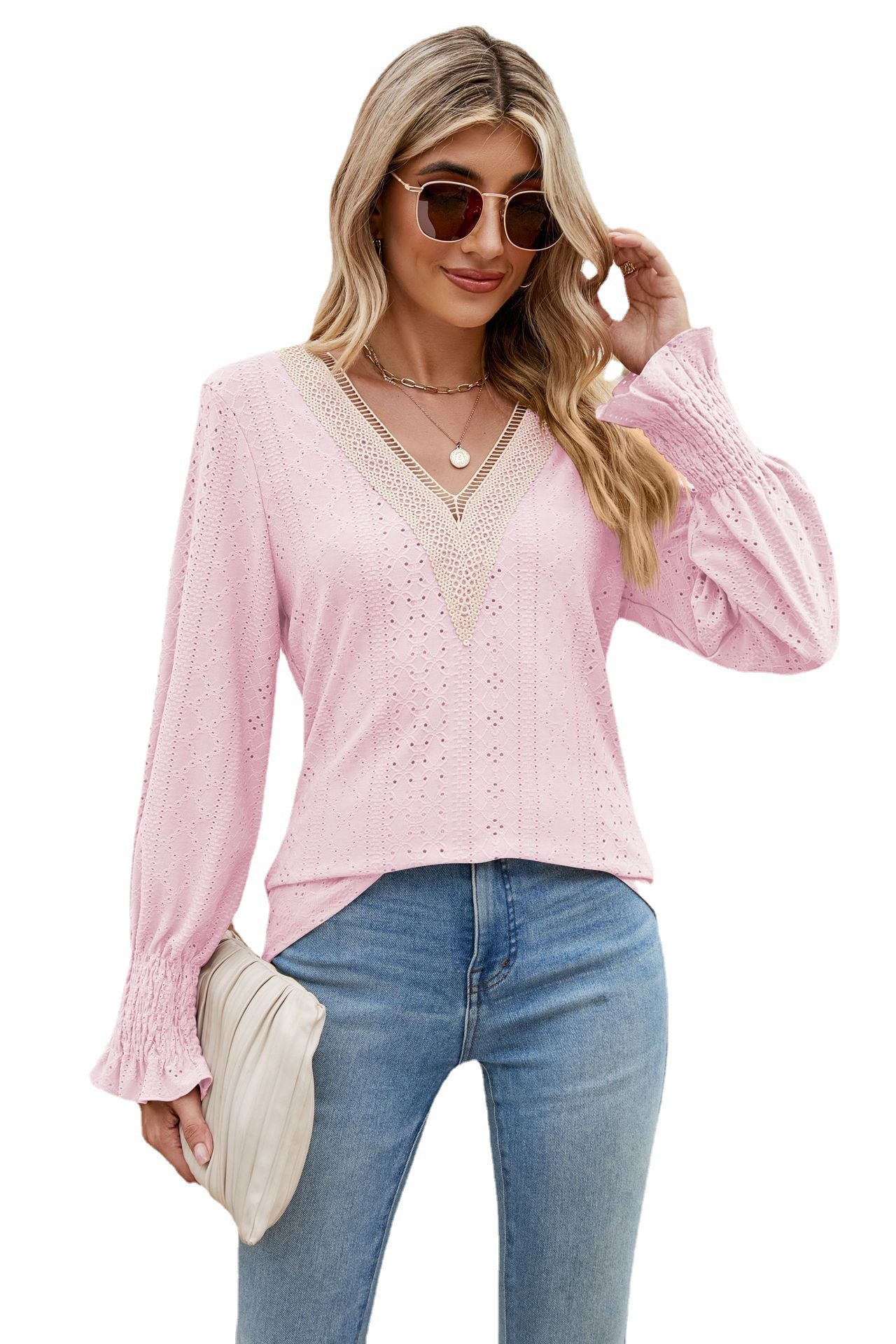 New solid color lace v-neck long sleeve loose T-shirt shirt - 图3