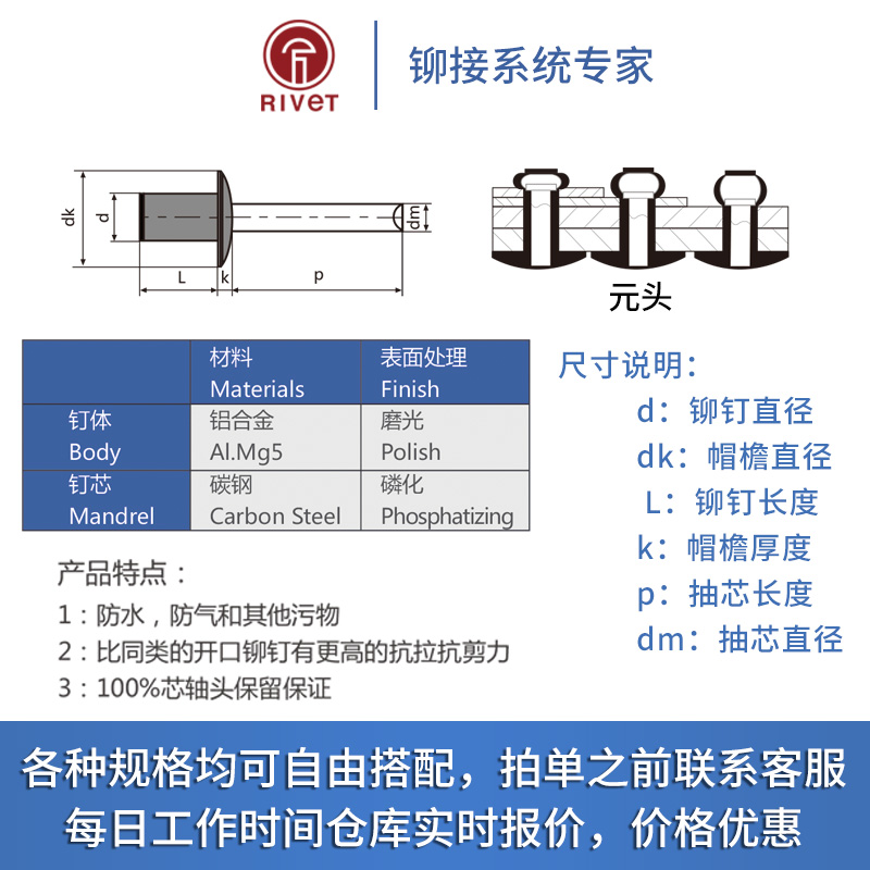 铝铁质封闭型抽芯拉铆钉 GB12615 防水密封式拉铆钉圆头M3M3.2M4