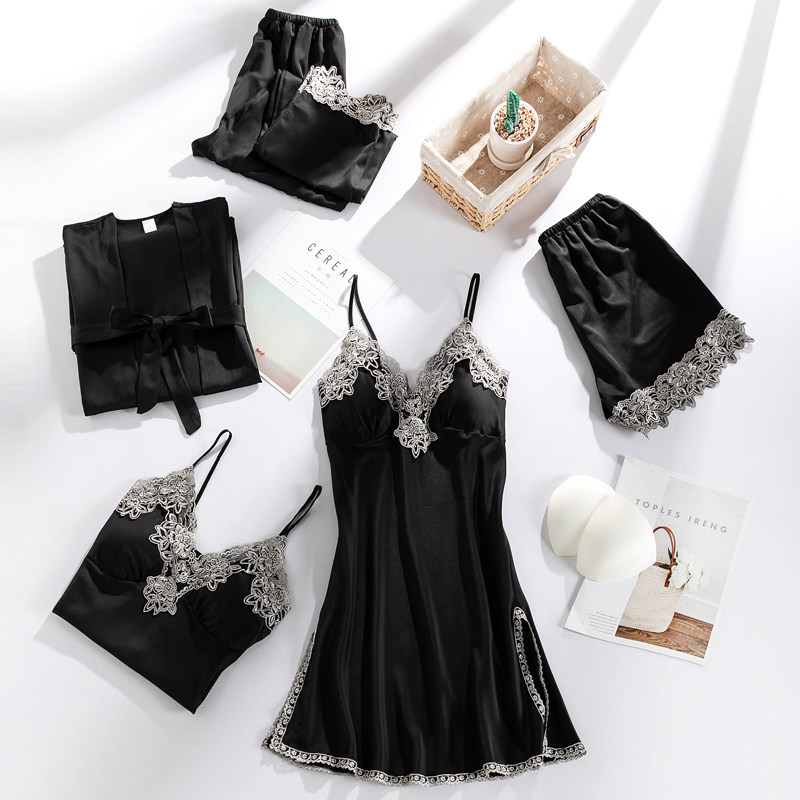 新款夏季性感五件套冰丝绸吊带睡裙 贝心适睡衣/家居服套装