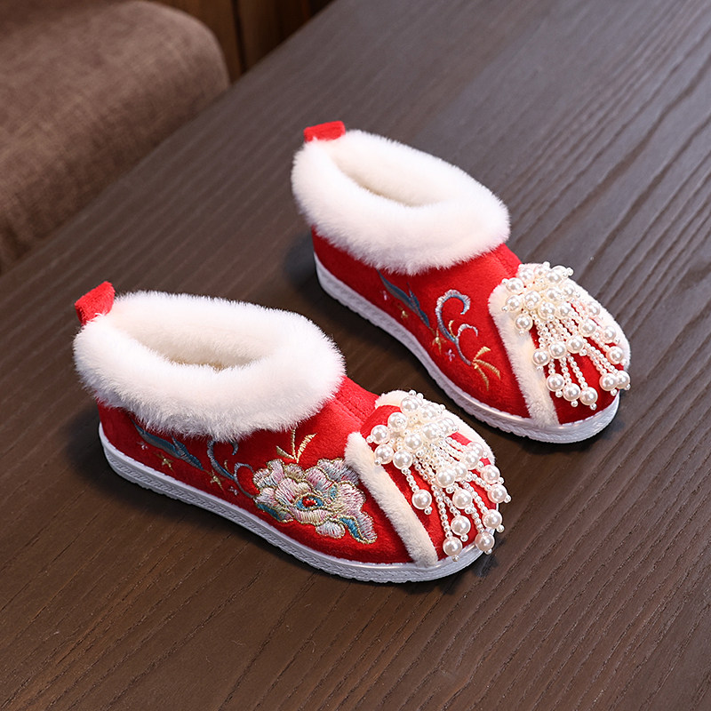 冬新款儿童汉服鞋新中式女童绣花鞋古风鞋子宝宝保暖红色拜年棉鞋,淘宝优惠券,粉丝福利购,淘宝优惠卷