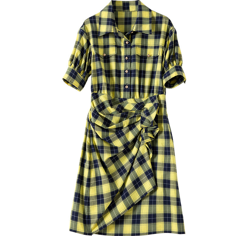 丹慕兰褶皱女收腰中长款黄色衬衫裙 丹慕兰连衣裙