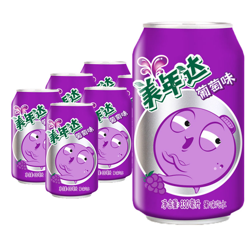 美年达葡萄味碳酸汽水饮料饮品330ml*24罐胖易拉罐装百事可乐包邮 - 图0