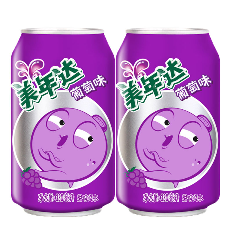 美年达葡萄味碳酸汽水饮料饮品330ml*24罐胖易拉罐装百事可乐包邮 - 图2