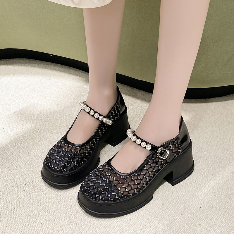 7cm高跟厚底玛丽珍女鞋2025秋时尚透气网眼洞洞鞋浅口黑色工作鞋 - 图1
