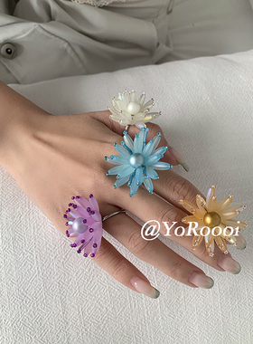 韩系手工串珠琉璃花朵开口戒指