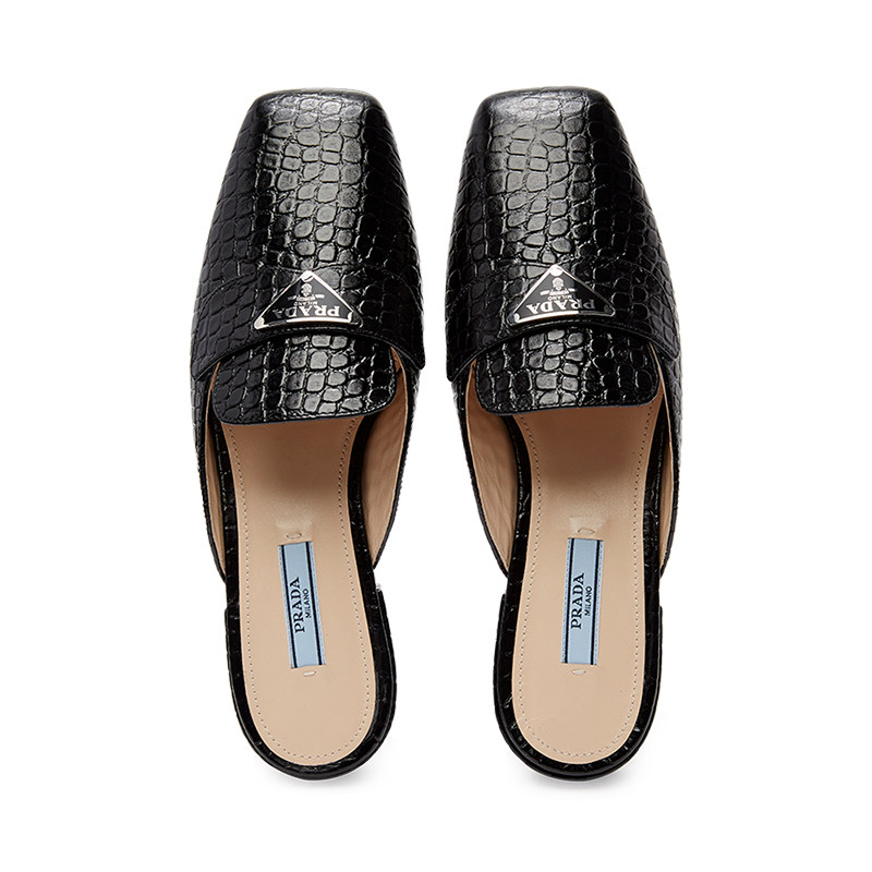 prada /普拉达黑色鳄鱼纹logo拖鞋 PRADA包头拖