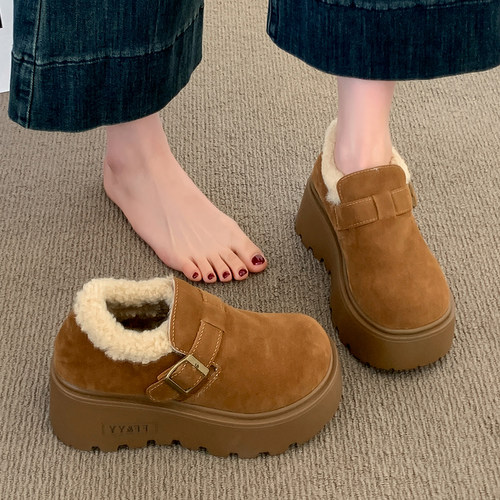 厚底增高加绒勃肯鞋女2025秋冬季新款乐福鞋博肯棉鞋子保暖雪地靴 - 图0