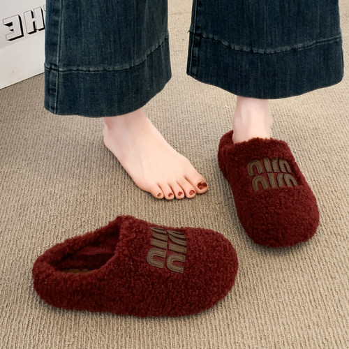 厚底毛毛半拖鞋女外穿2025新款秋冬一脚蹬雪地靴保暖加绒包头棉拖 - 图0