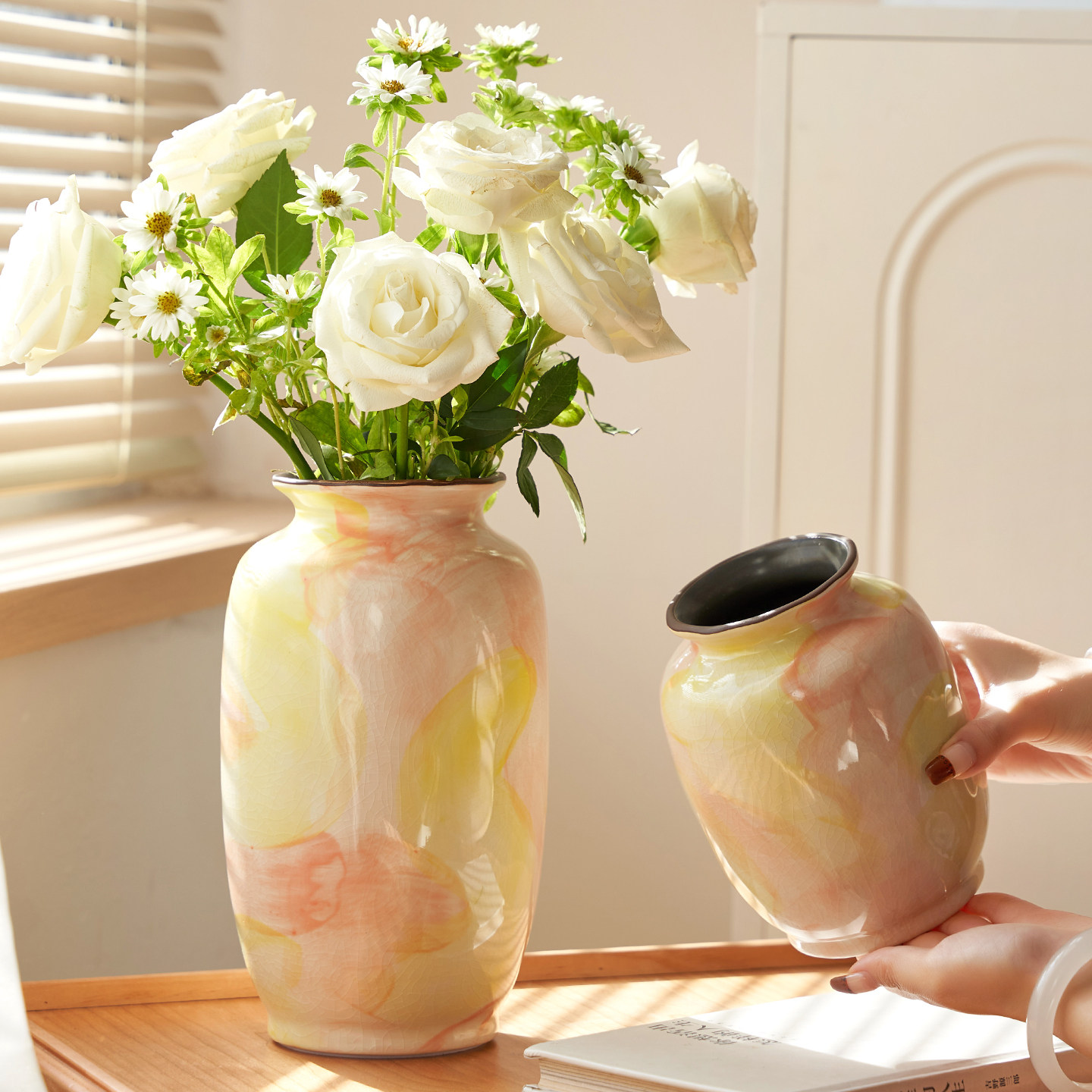 法式创意设计粉黄油画风可水培插花鲜花客厅玄关餐桌装饰摆件花器,淘宝优惠券,粉丝福利购,淘宝优惠卷