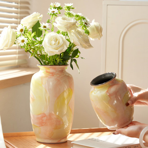 法式创意设计粉黄油画风可水培插花鲜花客厅玄关餐桌装饰摆件花器 - 图0