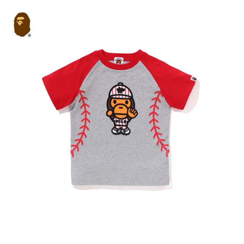 BAPE童装春夏卡通BABY MILO棒球缝线印花插肩袖短袖T恤309007M-图0