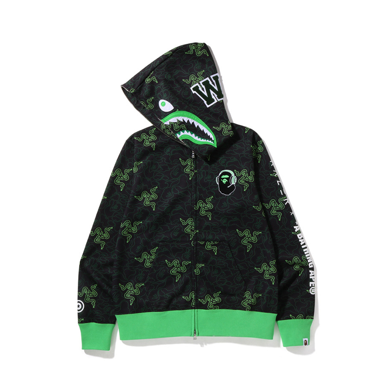 BAPE X RAZER联名男装春夏满印霓虹迷彩鲨鱼连帽卫衣外套115901I