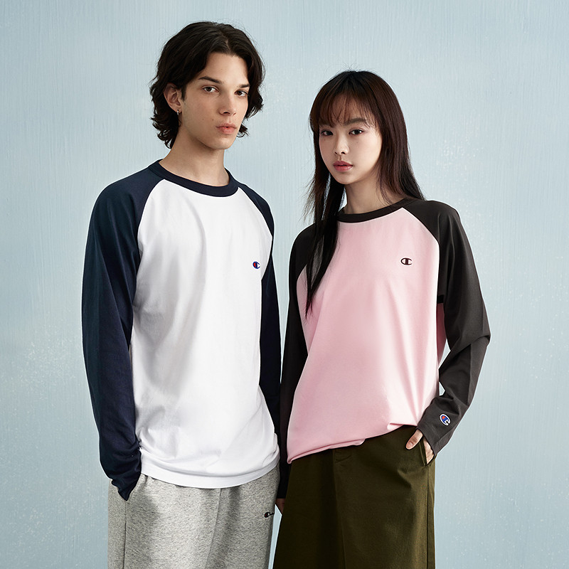 Champion冠军长袖T恤女25秋季新款情侣纯棉插肩袖拼色休闲上衣男
