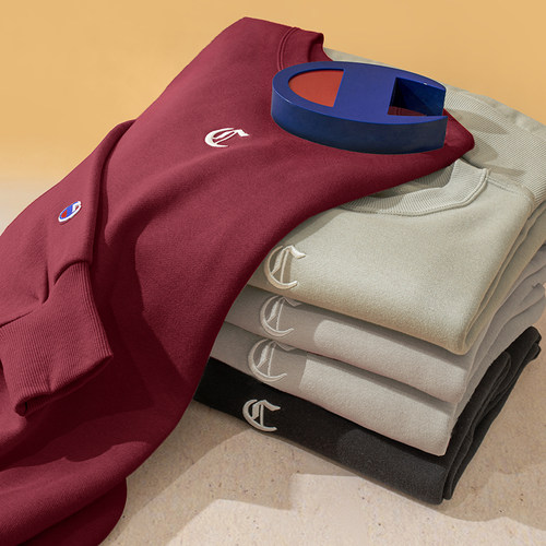 Champion冠军卫衣女冬季情侣刺绣纯色休闲运动加绒圆领套头上衣男 - 图0