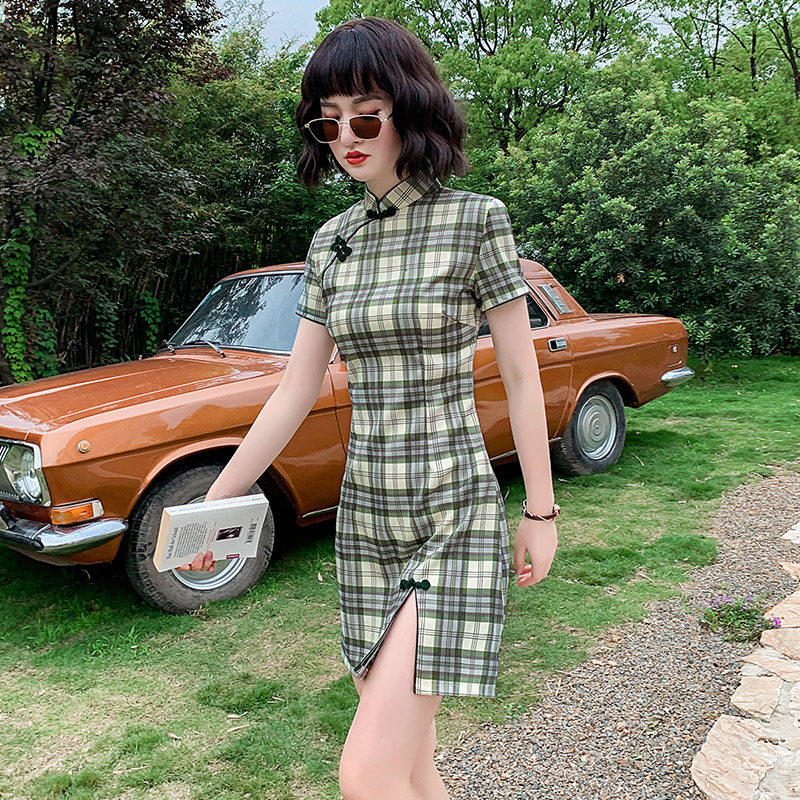 格子旗袍改良短款小个子现代连衣裙 抹茶菲尔旗袍