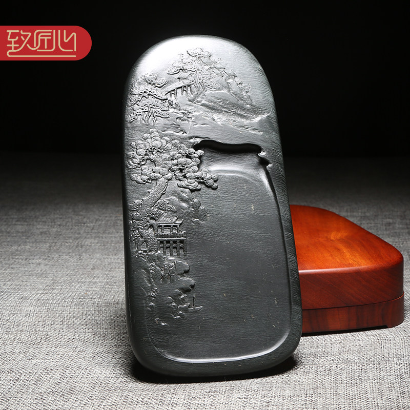 名师歙砚作品/湖光山色/精手工雕刻天然原石老坑眉纹收藏送礼佳品文房实用匠心孤品砚台龙尾山眉子坑收藏馈赠_虎窝淘
