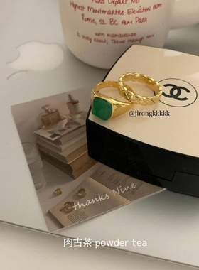 韩国代购 925银 复古祖母绿玛瑙原石金色镶嵌ins博主同款银饰戒指