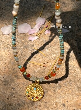 复古色系绿松石红玛瑙串珠项链