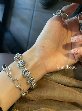 韩国时髦纯银玫瑰花耳扣戒指项链