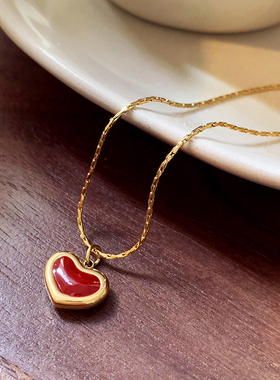 古里雅红色爱心钛钢项链高级感