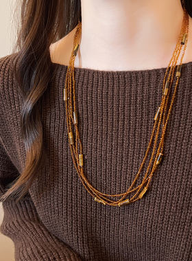 古里雅多层咖色水晶项链高级感