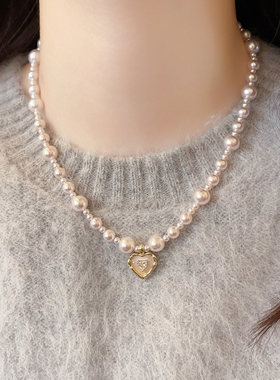 古里雅金色爱心珍珠项链高级感
