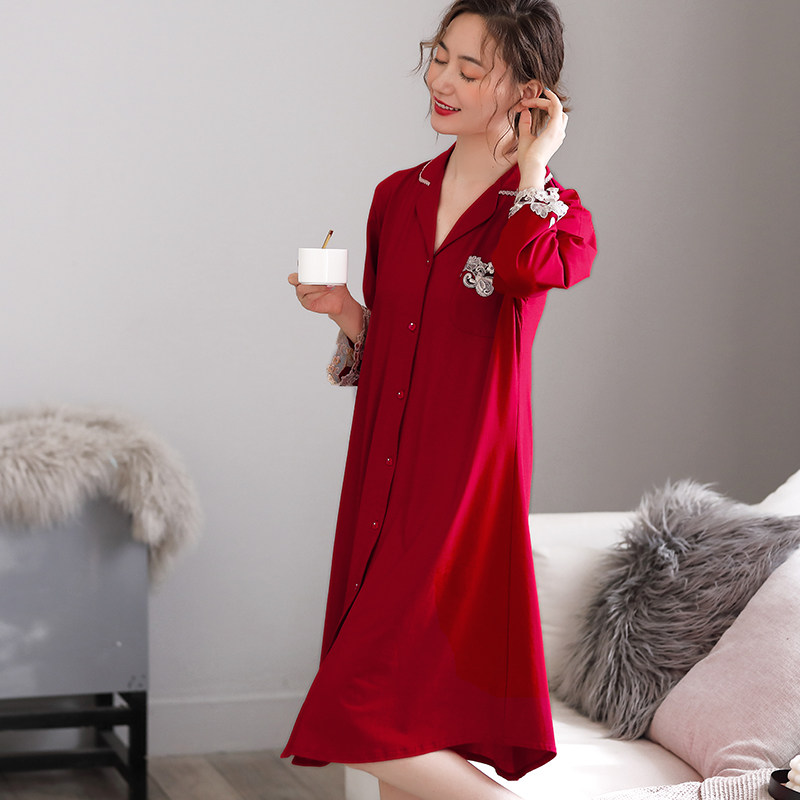 蓝豆娘纯棉衬衫裙春秋中长款薄睡裙 蓝豆娘睡裙