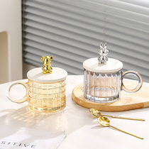 Cute heat resistant glass water cup girl with cover with spoon coffee cup lovers home drink water cup high face value Mark cup