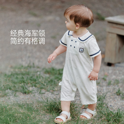 汤尼倍儿婴儿短袖连体衣竹节棉宝宝夏季薄款纯棉海军风可爱哈衣服 - 图3