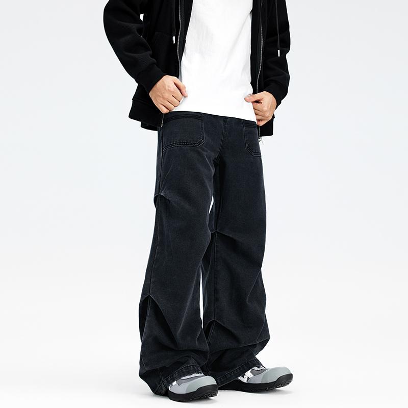 AWRB宽松阔腿褶皱牛仔裤男春秋季水洗深色口袋工装设计感休闲裤子 - 图0