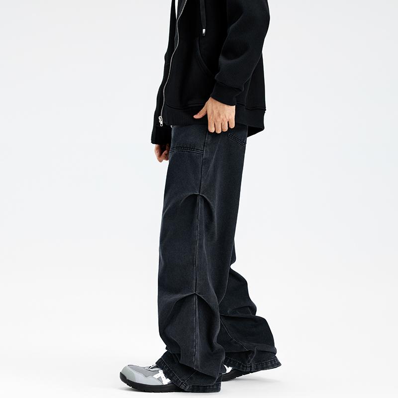 AWRB宽松阔腿褶皱牛仔裤男春秋季水洗深色口袋工装设计感休闲裤子 - 图2