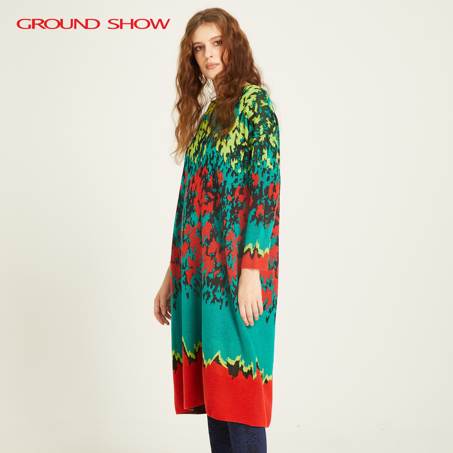 阁兰秀2025秋冬新品油画图案提花丝光羊毛针织连衣裙商场同款女装