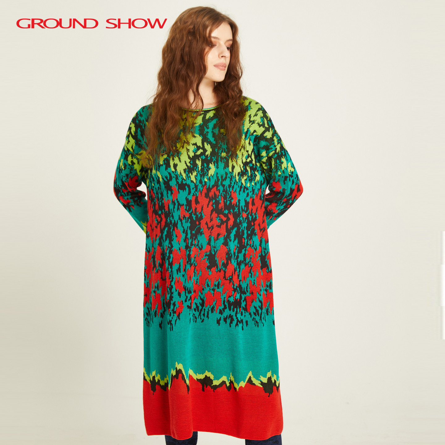 阁兰秀2025秋冬新品油画图案提花丝光羊毛针织连衣裙商场同款女装