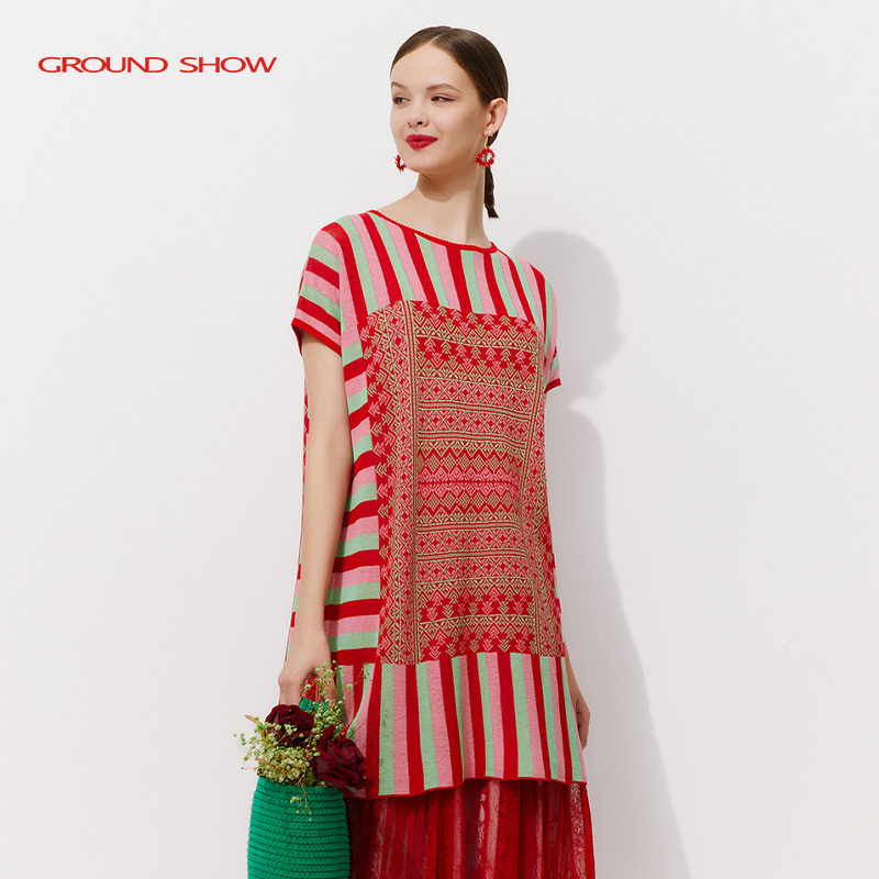 阁兰秀针织连衣裙2025夏季新款条纹宽松腰遮肉短袖H毛衣裙中长款