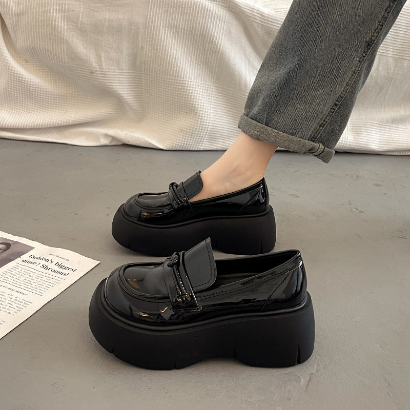Black platform thick-soled small leather shoes for women, all-match loafers
