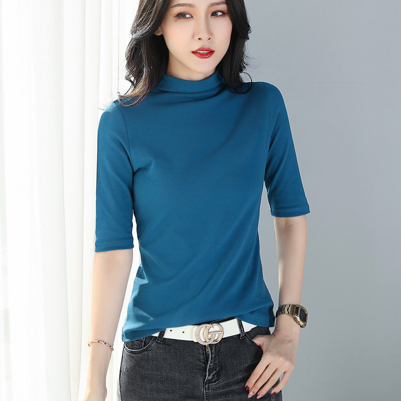 蓝色女小半高领五分中袖修身打底衫 令妲T恤