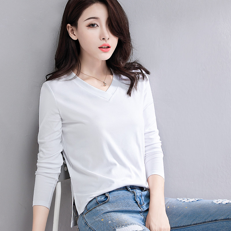 白色v领长袖t恤潮短款宽松打底衫 令妲T恤