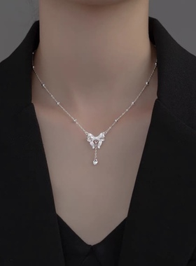 足银990ins风蝴蝶结光珠项链秋季轻奢精致气质女锁骨