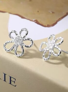 足银镶钻格桑花纯银花朵耳钉女小众设计感高级轻奢气质百搭耳环