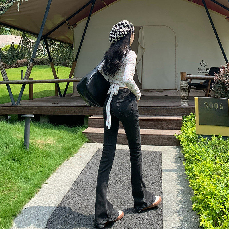 黑灰色牛仔春秋修身高腰2022长裤 纪绪牛仔裤