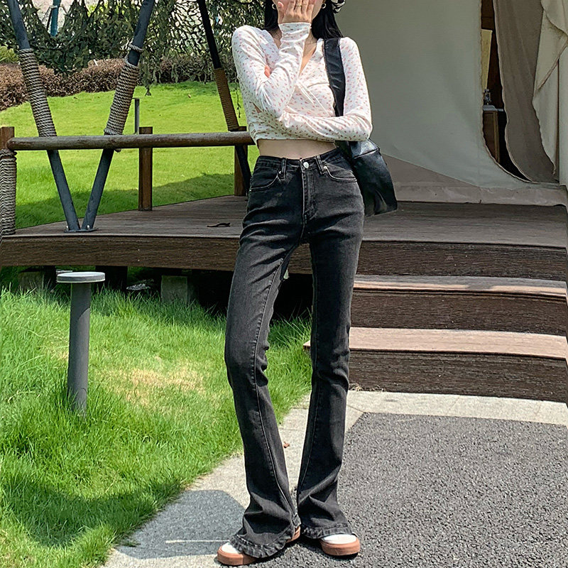 黑灰色牛仔春秋修身高腰2022长裤 纪绪牛仔裤