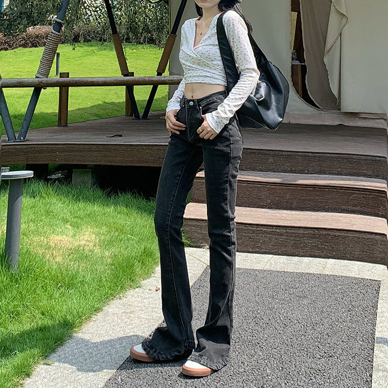 黑灰色牛仔春秋修身高腰2022长裤 纪绪牛仔裤